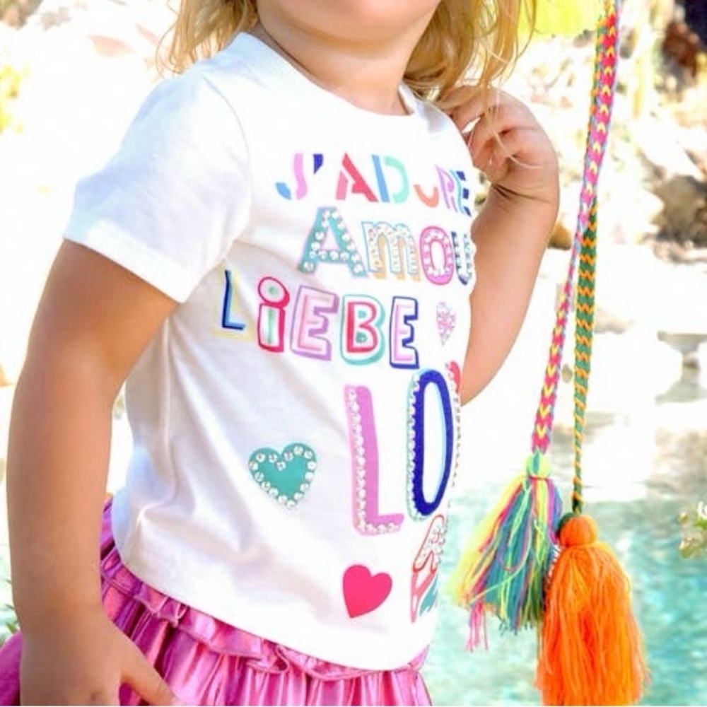 Colorful Graphic Tee and Pink Skirt with rhinestone details